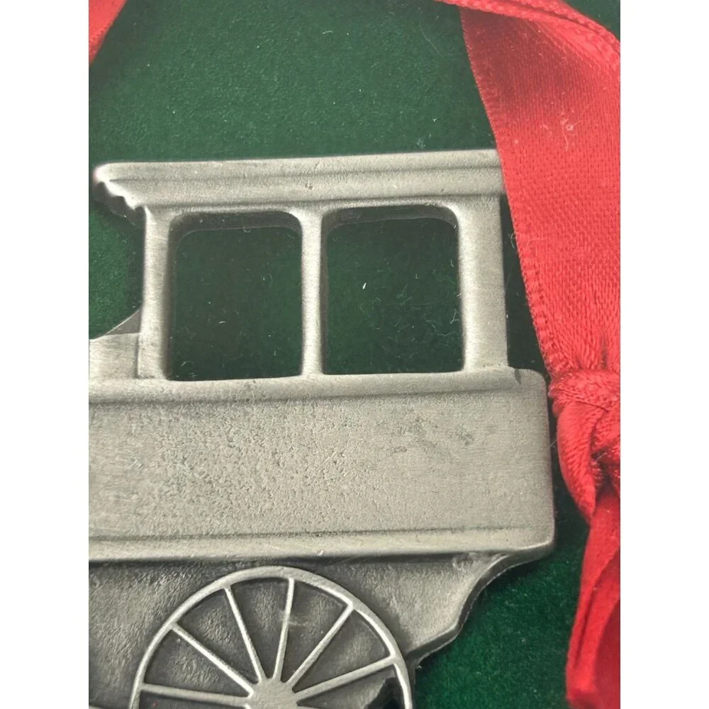 Genuine Pewter Train Christmas Ornament Holiday Tree Decor Red Ribbon VTG USA
